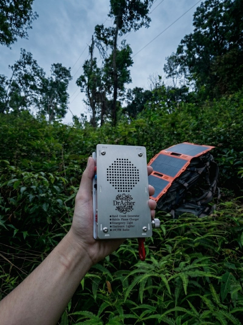Power & Lighting survival gear featuring metal hand crank generators, portable solar panels, emergency power banks, and tactical LED flashlights for blackouts.