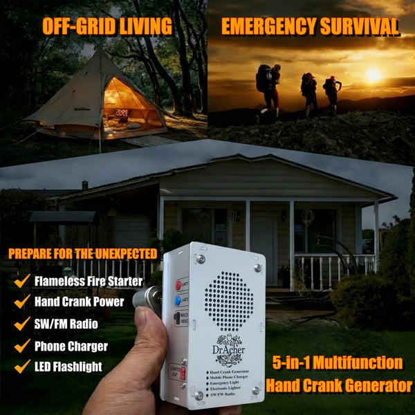 Main image of the DrAcher 5-in-1 survival gear, showcasing a hand crank generator for off-grid living and emergency survival. Features include an AM/FM radio, phone charger, LED flashlight, and electric igniter to prepare for the unexpected.