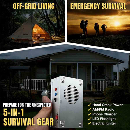 Main image of the DrAcher 5-in-1 survival gear, showcasing a hand crank generator for off-grid living and emergency survival. Features include an AM/FM radio, phone charger, LED flashlight, and electric igniter to prepare for the unexpected.