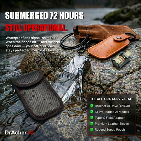 The DrAcher AI Drive submerged in river water, demonstrating its 72-hour waterproof survival capability. The image features the text "SUBMERGED 72 HOURS, STILL OPERATIONAL." Alongside the transparent USB drive rests its protective gear, including a heavy-duty leather armor and a black Faraday bag with red stitching designed for EMP protection. Built for off-grid and grid-down scenarios.