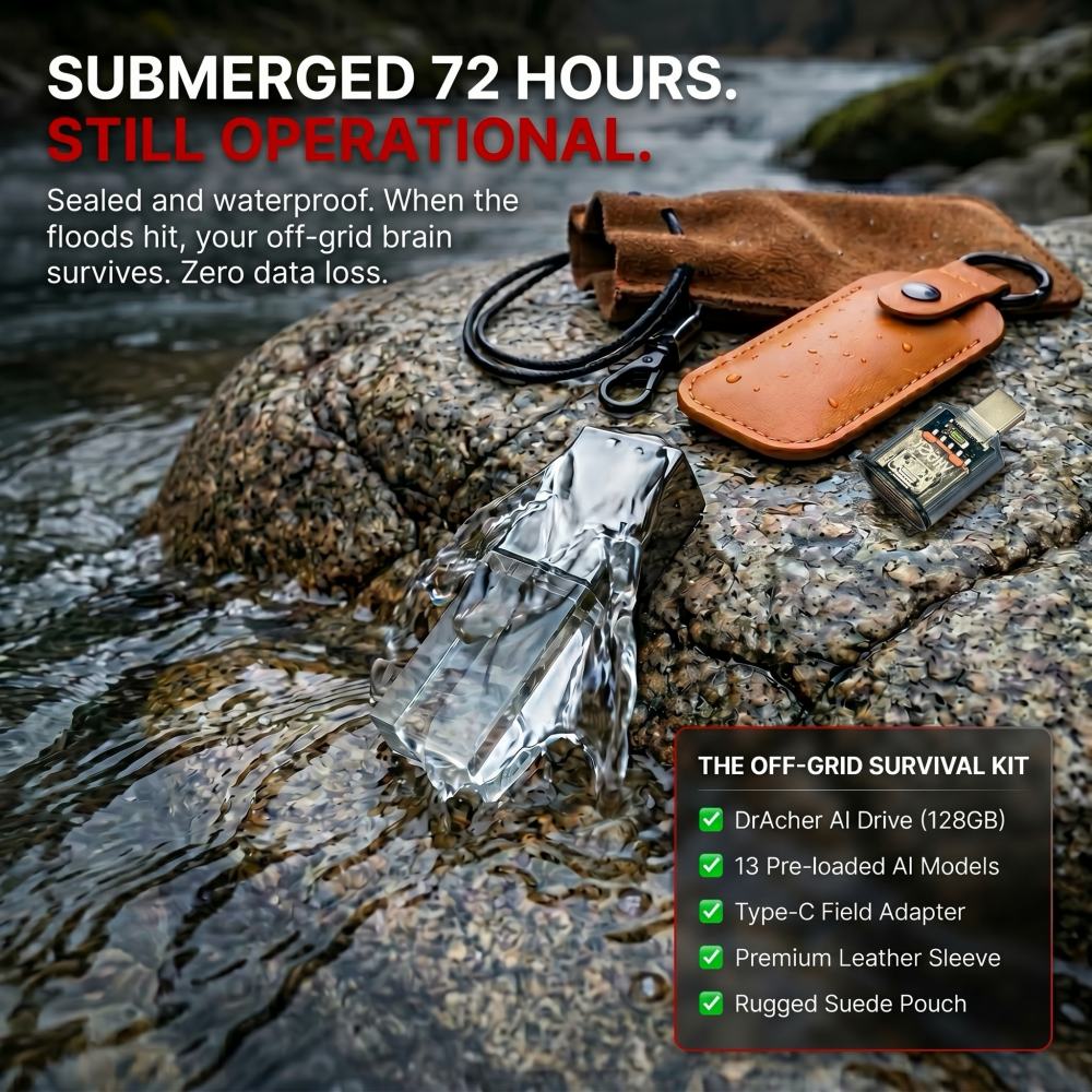 The DrAcher AI Drive submerged in river water, demonstrating its waterproof capability. The image features the text "SUBMERGED 72 HOURS, STILL OPERATIONAL." The transparent USB drive is shown on outdoor rocks alongside its heavy-duty leather armor, a Type-C field adapter, and a rugged suede pouch. Built for off-grid survival scenarios.