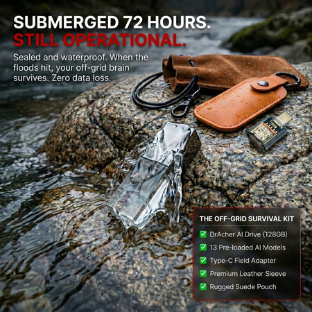 The DrAcher AI Drive submerged in river water, demonstrating its waterproof capability. The image features the text "SUBMERGED 72 HOURS, STILL OPERATIONAL." The transparent USB drive is shown on outdoor rocks alongside its heavy-duty leather armor, a Type-C field adapter, and a rugged suede pouch. Built for off-grid survival scenarios.