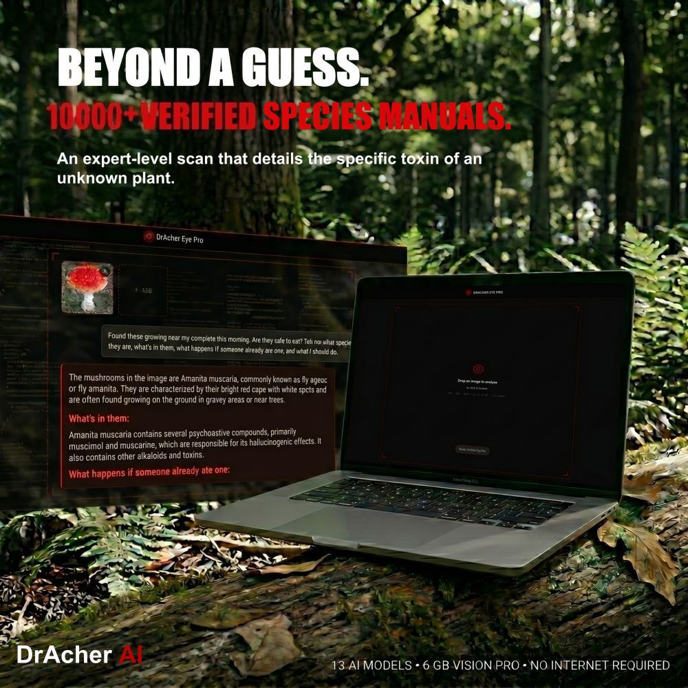DrAcher AI Eye Pro identifying a toxic Amanita muscaria mushroom on a laptop in the forest — fully offline, no internet.