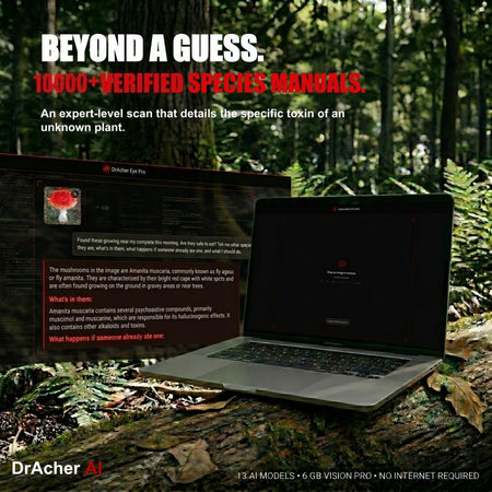 DrAcher AI Eye Pro identifying a toxic Amanita muscaria mushroom on a laptop in the forest — fully offline, no internet.