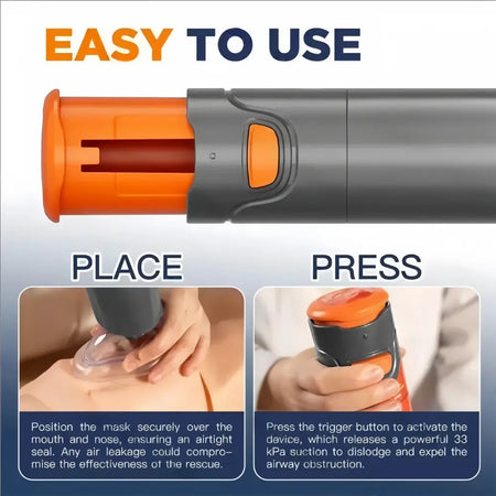 DrAcher anti-choking device easy to use — place mask over mouth and nose, press trigger button to release 33 kPa suction and clear airway obstruction