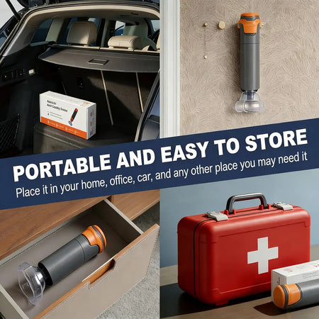 DrAcher anti-choking device stored in car trunk, on wall mount, in drawer, and first aid kit — portable emergency choking rescue device ready anywhere