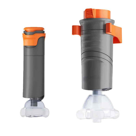 DrAcher anti-choking device two models side by side — compact Portable model and larger Classic model, both with one-button trigger and clear face mask