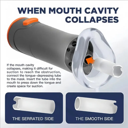 DrAcher anti-choking device tongue-depressing tube attachment — designed for mouth cavity collapse to maintain airway space and deliver effective suction