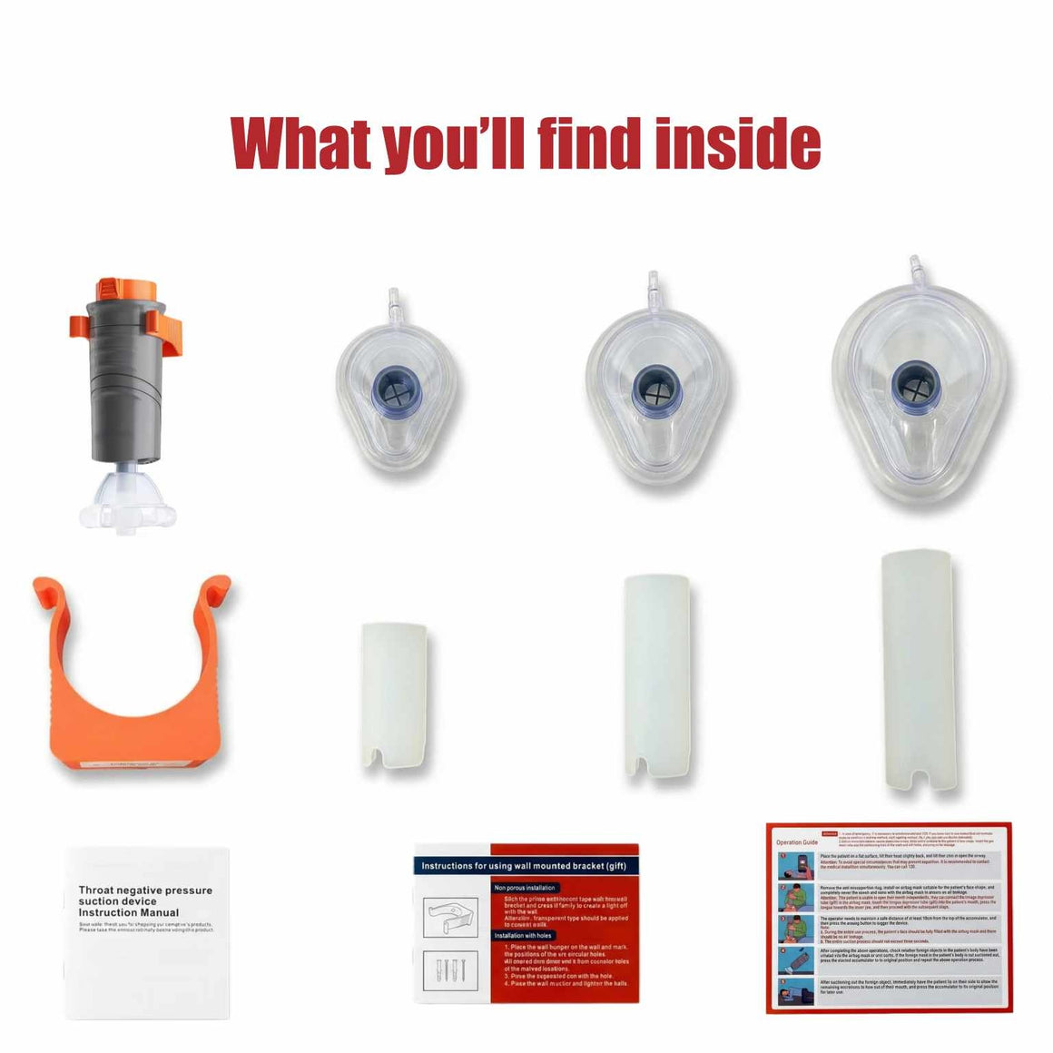 DrAcher anti-choking device complete package contents — suction device, three size masks, wall mount bracket, tongue depressor tube, and operation guide