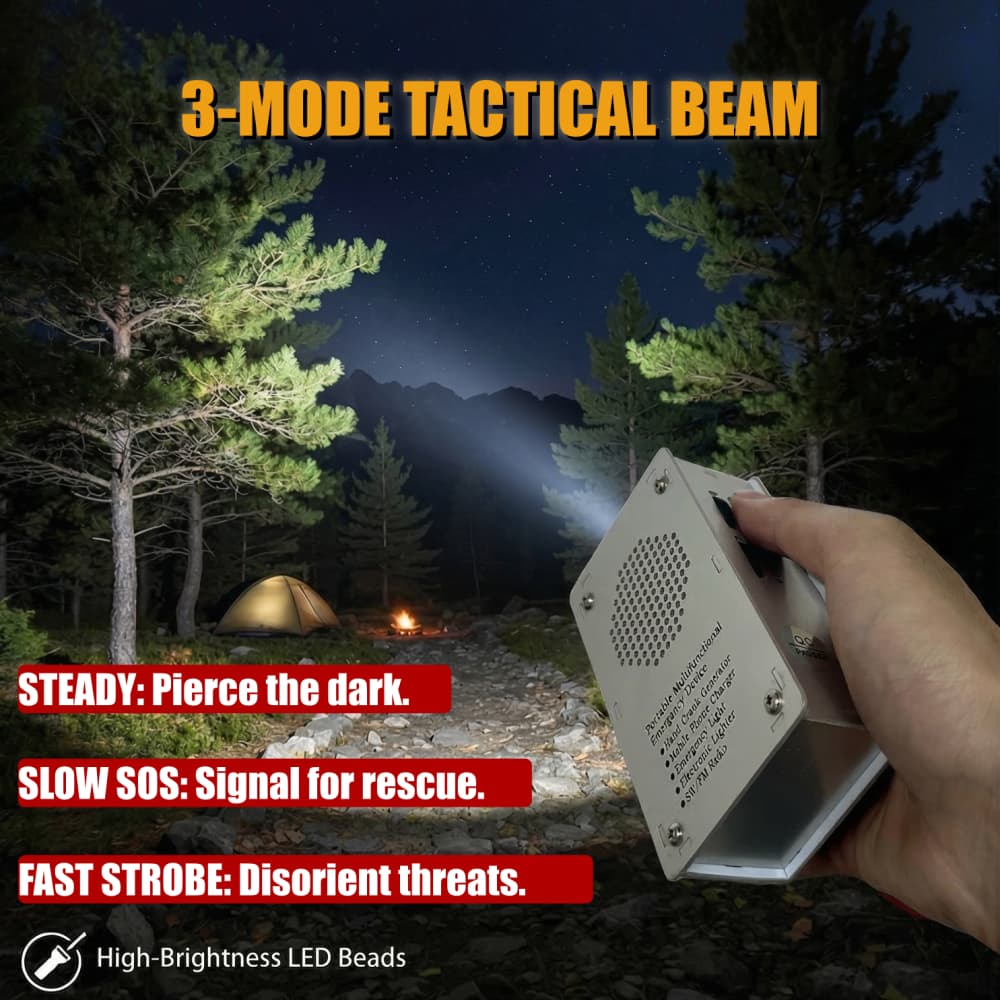 Using the DrAcher hand crank generator as a 3-mode survival flashlight in a dark forest, featuring steady beam, slow SOS for rescue, and fast strobe to disorient threats.