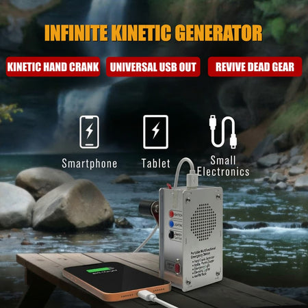 Using the DrAcher kinetic generator as a hand crank phone charger to revive a dead smartphone outdoors by the river.