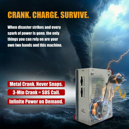 CRANK. CHARGE. SURVIVE. Visual demonstration of the DrAcher military hand crank power generator against a tornado background, highlighting its metal crank for infinite power on demand and emergency SOS calls.