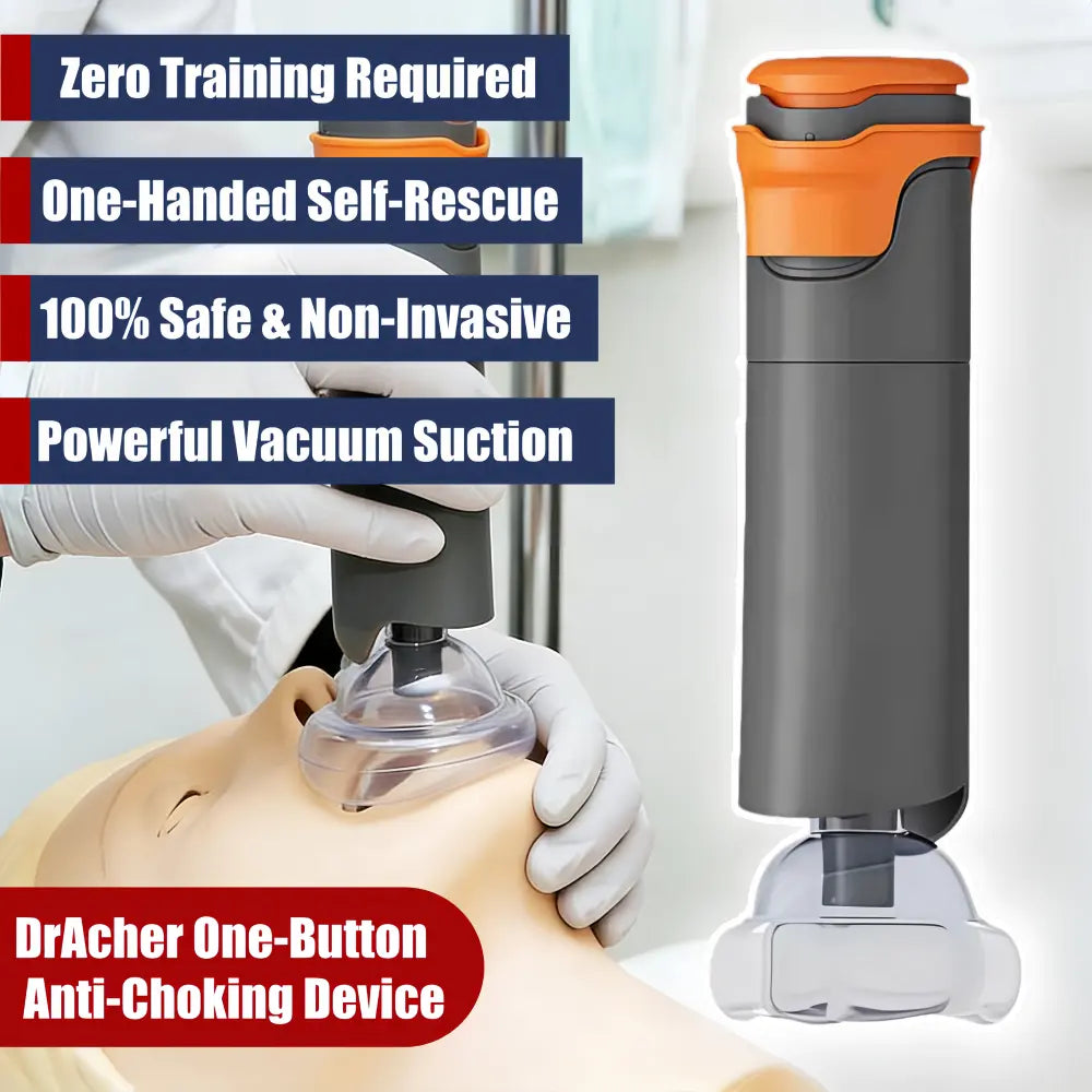 DrAcher one-button anti-choking device for kids and adults — powerful suction, zero training needed, safe non-invasive design.