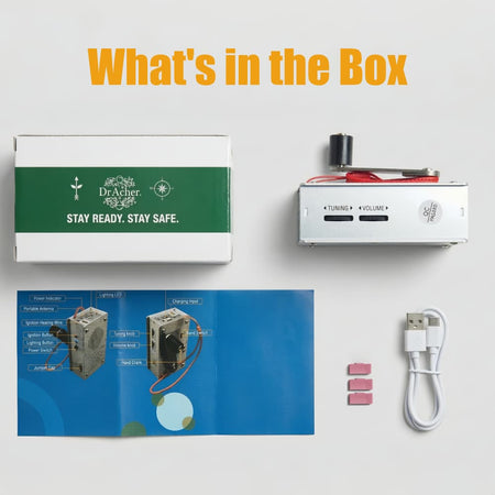 Flat lay view showing what's in the box for the DrAcher 5-in-1 portable hand crank generator. The kit includes the branded packaging box, the main device, an instructional manual, a USB charging cable, and jumper caps required for charging.