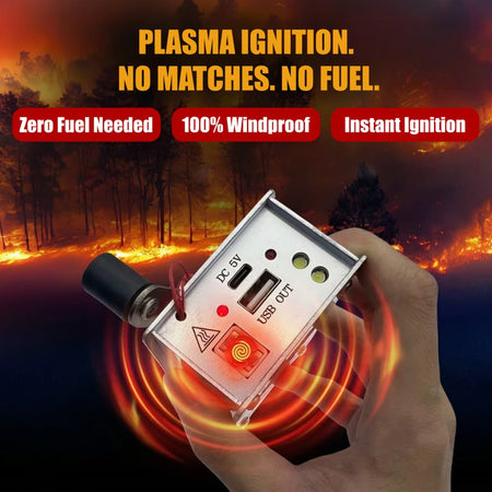 Close-up of the DrAcher hand crank generator, highlighting the glowing red rechargeable plasma lighter feature against a forest fire background.