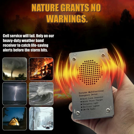 Close-up of the silver metal DrAcher 5-in-1 device functioning as a weather emergency radio. Inset images show natural disasters, highlighting the importance of emergency weather radios to catch life-saving alerts.