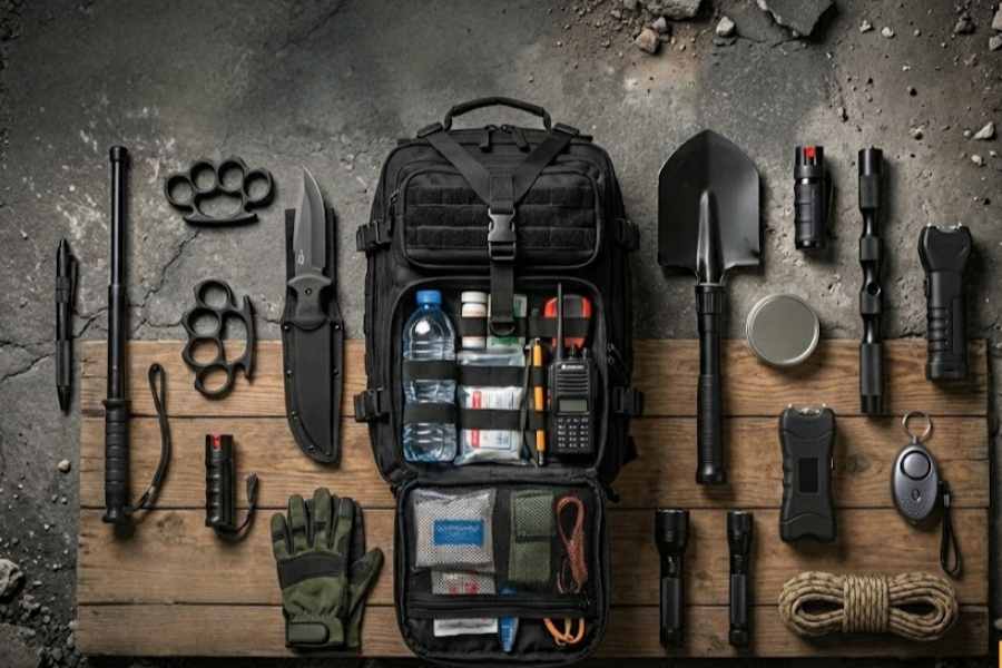 Dracher tactical survival gear collection laid out